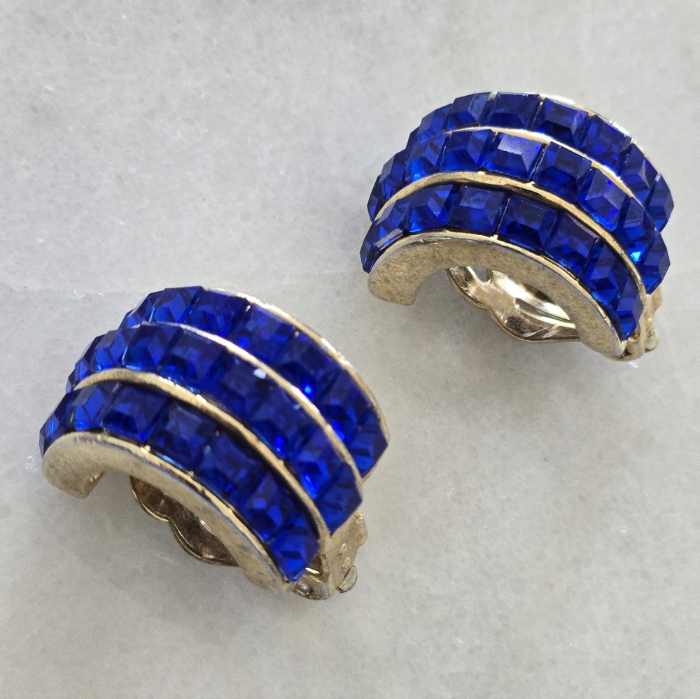 Vintage Channel Set Blue Crystal Clip On Earrings